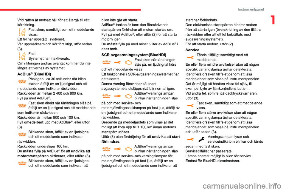 CITROEN C3 AIRCROSS 2021 InstruktionsbÖcker (in Swedish) 11
Instrumentpanel
1Vrid ratten åt motsatt håll för att återgå till rätt
körriktning.
Fast sken, samtidigt som ett meddelande visas.
Ett fel har uppstått i systemet.
Var uppmärksam och kör CITROEN C3 AIRCROSS 2021 InstruktionsbÖcker (in Swedish) 11
Instrumentpanel
1Vrid ratten åt motsatt håll för att återgå till rätt
körriktning.
Fast sken, samtidigt som ett meddelande visas.
Ett fel har uppstått i systemet.
Var uppmärksam och kör