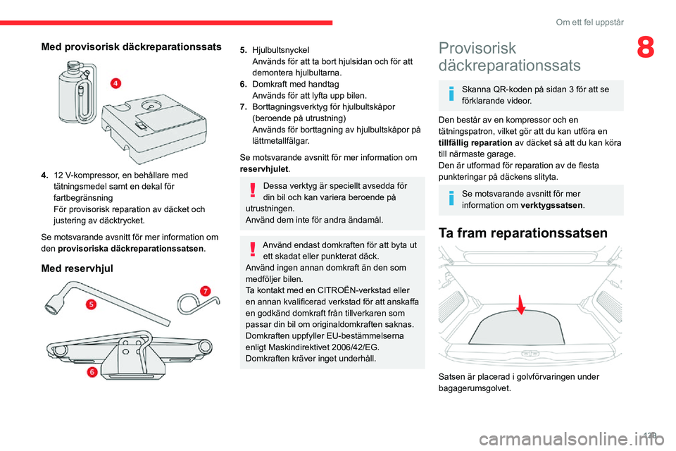 CITROEN C3 AIRCROSS 2021 InstruktionsbÖcker (in Swedish) 139
Om ett fel uppstår
8Med provisorisk däckreparationssats
4.12 V-kompressor, en behållare med tätningsmedel samt en dekal för
fartbegränsning
För provisorisk reparation av däcket och
ju CITROEN C3 AIRCROSS 2021 InstruktionsbÖcker (in Swedish) 139
Om ett fel uppstår
8Med provisorisk däckreparationssats
4.12 V-kompressor, en behållare med tätningsmedel samt en dekal för
fartbegränsning
För provisorisk reparation av däcket och
ju