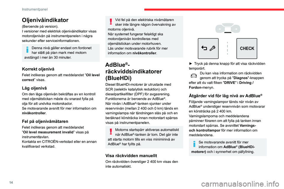 CITROEN C3 AIRCROSS 2021 InstruktionsbÖcker (in Swedish) 14
Instrumentpanel
Tända varnings-/
kontrollamporÅtgärd Återstående
räckvidd
Fyll på.Mellan 2 400 km och 800 km
Fyll på så
snart som
möjligt.Mellan 800 km och 100 km
Påfyllning CITROEN C3 AIRCROSS 2021 InstruktionsbÖcker (in Swedish) 14
Instrumentpanel
Tända varnings-/
kontrollamporÅtgärd Återstående
räckvidd
Fyll på.Mellan 2 400 km och 800 km
Fyll på så
snart som
möjligt.Mellan 800 km och 100 km
Påfyllning