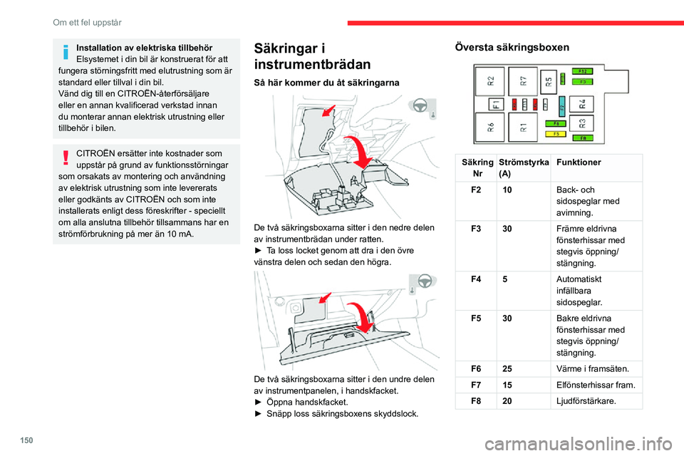 CITROEN C3 AIRCROSS 2021 InstruktionsbÖcker (in Swedish) 150
Om ett fel uppstår
Installation av elektriska tillbehör
Elsystemet i din bil är konstruerat för att
fungera störningsfritt med elutrustning som är
standard eller tillval i din bil.
Vänd d CITROEN C3 AIRCROSS 2021 InstruktionsbÖcker (in Swedish) 150
Om ett fel uppstår
Installation av elektriska tillbehör
Elsystemet i din bil är konstruerat för att
fungera störningsfritt med elutrustning som är
standard eller tillval i din bil.
Vänd d