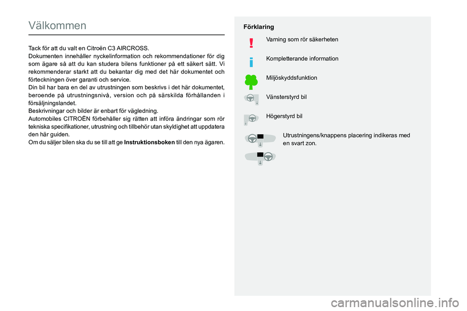 CITROEN C3 AIRCROSS 2021 InstruktionsbÖcker (in Swedish)
Välkommen
Tack för att du valt en Citroën C3 AIRCROSS.
Dokumenten innehåller nyckelinformation och rekommendationer för d\
ig
som ägare så CITROEN C3 AIRCROSS 2021 InstruktionsbÖcker (in Swedish)
Välkommen
Tack för att du valt en Citroën C3 AIRCROSS.
Dokumenten innehåller nyckelinformation och rekommendationer för d\
ig
som ägare så