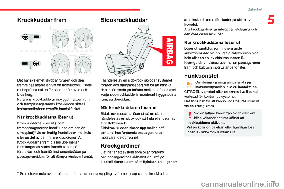 CITROEN C3 AIRCROSS 2021 InstruktionsbÖcker (in Swedish) 73
Säkerhet
5Krockkuddar fram
Det här systemet skyddar föraren och den
främre passageraren vid en frontalkrock, i syfte
att begränsa risken för skador på huvud och
bröstkorg.
Förarens k CITROEN C3 AIRCROSS 2021 InstruktionsbÖcker (in Swedish) 73
Säkerhet
5Krockkuddar fram
Det här systemet skyddar föraren och den
främre passageraren vid en frontalkrock, i syfte
att begränsa risken för skador på huvud och
bröstkorg.
Förarens k