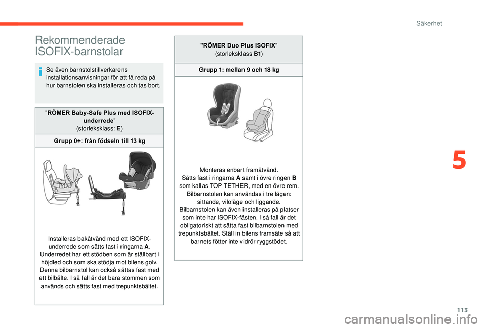 CITROEN C3 AIRCROSS 2019 InstruktionsbÖcker (in Swedish) 113
Rekommenderade
ISOFIX-barnstolar
Se även barnstolstillverkarens
installationsanvisningar för att få reda på
hur barnstolen ska installeras och tas bort.
" RÖMER Baby- Safe Plus med ISO CITROEN C3 AIRCROSS 2019 InstruktionsbÖcker (in Swedish) 113
Rekommenderade
ISOFIX-barnstolar
Se även barnstolstillverkarens
installationsanvisningar för att få reda på
hur barnstolen ska installeras och tas bort.
" RÖMER Baby- Safe Plus med ISO