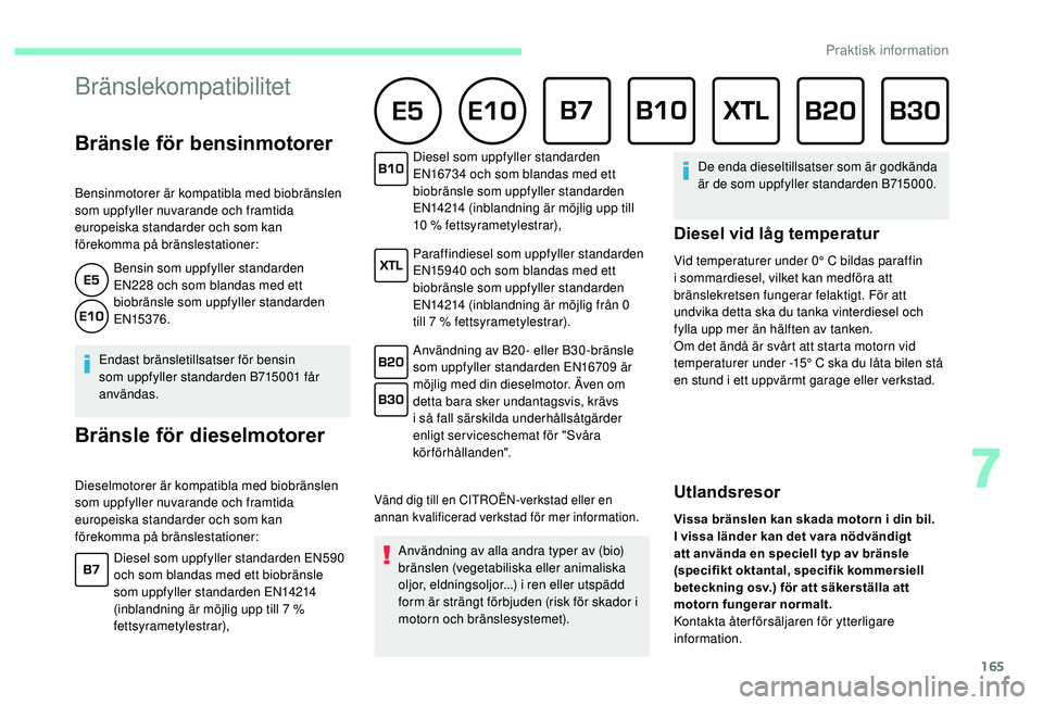 CITROEN C3 AIRCROSS 2019 InstruktionsbÖcker (in Swedish) 165
Bränsle för bensinmotorer
Bensinmotorer är kompatibla med biobränslen
som uppfyller nuvarande och framtida
europeiska standarder och som kan
förekomma på bränslestationer:Bensin som up CITROEN C3 AIRCROSS 2019 InstruktionsbÖcker (in Swedish) 165
Bränsle för bensinmotorer
Bensinmotorer är kompatibla med biobränslen
som uppfyller nuvarande och framtida
europeiska standarder och som kan
förekomma på bränslestationer:Bensin som up