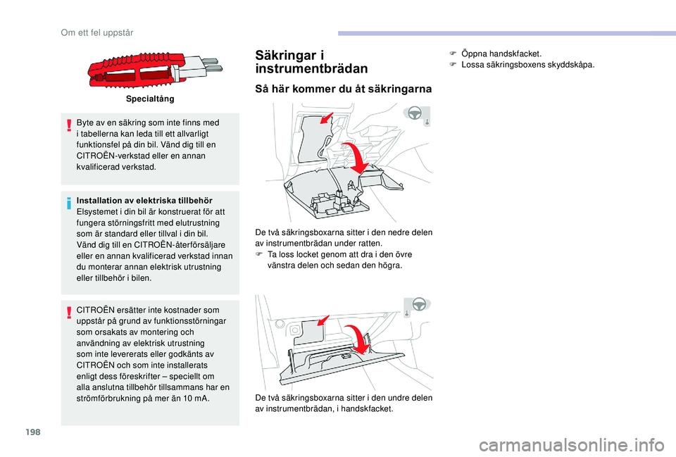 CITROEN C3 AIRCROSS 2019 InstruktionsbÖcker (in Swedish) 198
Specialtång
Byte av en säkring som inte finns med
i tabellerna kan leda till ett allvarligt
funktionsfel på din bil. Vänd dig till en
CITROËN-verkstad eller en annan
kvalificerad verkstad CITROEN C3 AIRCROSS 2019 InstruktionsbÖcker (in Swedish) 198
Specialtång
Byte av en säkring som inte finns med
i tabellerna kan leda till ett allvarligt
funktionsfel på din bil. Vänd dig till en
CITROËN-verkstad eller en annan
kvalificerad verkstad