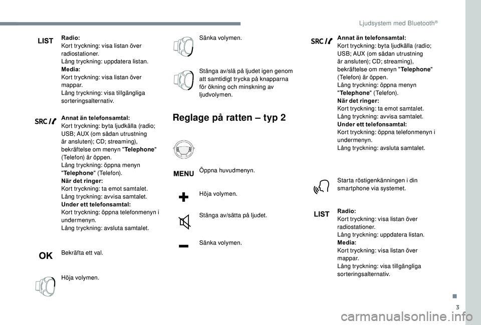 CITROEN C3 AIRCROSS 2019 InstruktionsbÖcker (in Swedish) 3
Radio:
Kort tryckning: visa listan över
radiostationer.
Lång tryckning: uppdatera listan.
Media:
Kort tryckning: visa listan över
mappar.
Lång tryckning: visa tillgängliga
sorteringsalternat CITROEN C3 AIRCROSS 2019 InstruktionsbÖcker (in Swedish) 3
Radio:
Kort tryckning: visa listan över
radiostationer.
Lång tryckning: uppdatera listan.
Media:
Kort tryckning: visa listan över
mappar.
Lång tryckning: visa tillgängliga
sorteringsalternat