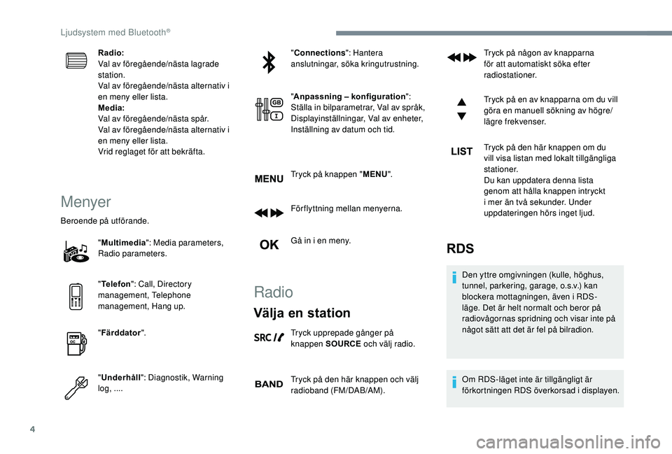 CITROEN C3 AIRCROSS 2019 InstruktionsbÖcker (in Swedish) 4
Radio:
Val av föregående/nästa lagrade
station.
Val av föregående/nästa alternativ i
en meny eller lista.
Media:
Val av föregående/nästa spår.
Val av föregående/nästa alternativ i
en CITROEN C3 AIRCROSS 2019 InstruktionsbÖcker (in Swedish) 4
Radio:
Val av föregående/nästa lagrade
station.
Val av föregående/nästa alternativ i
en meny eller lista.
Media:
Val av föregående/nästa spår.
Val av föregående/nästa alternativ i
en