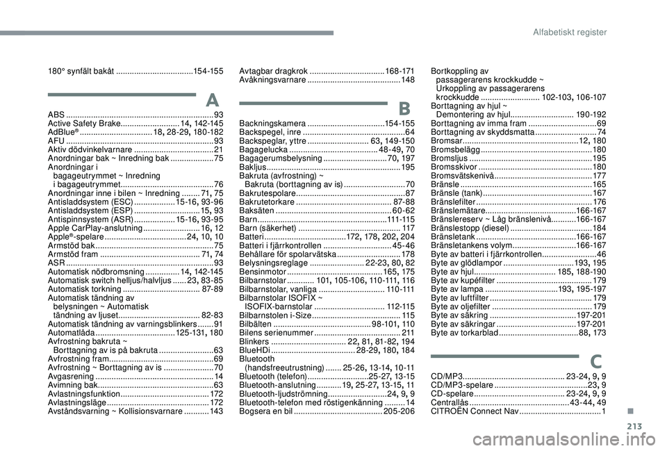 CITROEN C3 AIRCROSS 2019 InstruktionsbÖcker (in Swedish) 213
180° synfält bakåt ..................................15 4 -15 5
AABS ................................................................. 93
Active Safety Brake.......................... 14, 142-1 CITROEN C3 AIRCROSS 2019 InstruktionsbÖcker (in Swedish) 213
180° synfält bakåt ..................................15 4 -15 5
AABS ................................................................. 93
Active Safety Brake.......................... 14, 142-1