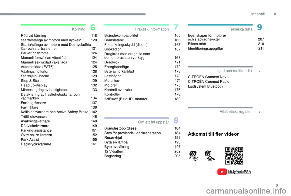 CITROEN C3 AIRCROSS 2019  InstruktionsbÖcker (in Swedish) 3
.
.
bit.ly/helpPSA
Råd vid körning 118
Starta/stänga av motorn med nyckeln  1 20
Starta/stänga av motorn med Det nyckelfria 
lås- och startsystemet
 
1
 21
Parkeringsbroms
 

124
Manuell femvä