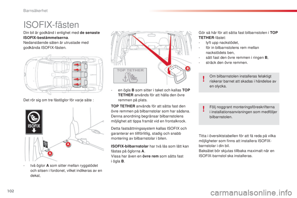 CITROEN C3 PICASSO 2015 InstruktionsbÖcker (in Swedish) 102
C3Picasso_sv_Chap07_securite-enfants_ed01-2014
IsoFIX-fästen
- två öglor A som sitter mellan ryggstödet och sitsen i fordonet, vilket indikeras av en
dekal, -
e
n ögla B som sitter i take CITROEN C3 PICASSO 2015 InstruktionsbÖcker (in Swedish) 102
C3Picasso_sv_Chap07_securite-enfants_ed01-2014
IsoFIX-fästen
- två öglor A som sitter mellan ryggstödet och sitsen i fordonet, vilket indikeras av en
dekal, -
e
n ögla B som sitter i take