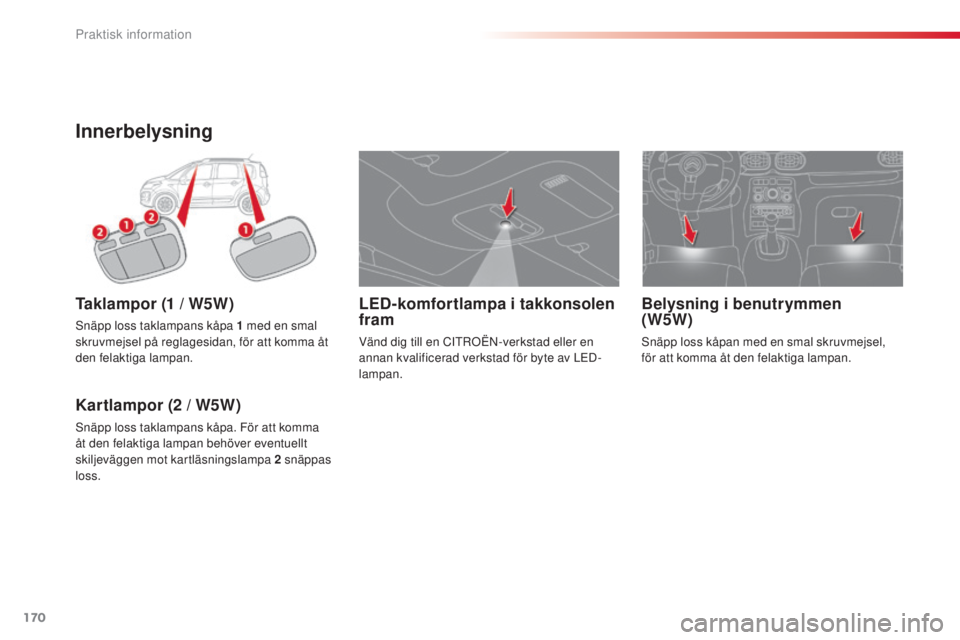 CITROEN C3 PICASSO 2015  InstruktionsbÖcker (in Swedish) 170
C3Picasso_sv_Chap11_informations-pratiques_ed01-2014
Innerbelysning
Taklampor (1 / W5W)
snäpp loss taklampans kåpa 1  med en smal 
skruvmejsel på reglagesidan, för att komma åt 
den felaktiga