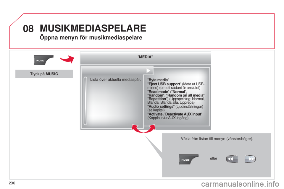 CITROEN C3 PICASSO 2015 InstruktionsbÖcker (in Swedish) 08
236
C3Picasso_sv_Chap13b_rt6-2-8_ed01-2014
"MEDIA"
"Byta media"
" Eject USB support" (Mata ut
usb -
minne) (om ett sådant är anslutet)
" Read mode" ("Normal CITROEN C3 PICASSO 2015 InstruktionsbÖcker (in Swedish) 08
236
C3Picasso_sv_Chap13b_rt6-2-8_ed01-2014
"MEDIA"
"Byta media"
" Eject USB support" (Mata ut
usb -
minne) (om ett sådant är anslutet)
" Read mode" ("Normal