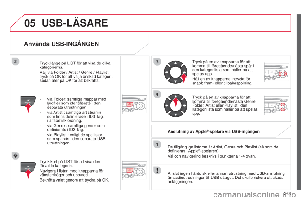 CITROEN C3 PICASSO 2015 InstruktionsbÖcker (in Swedish) 05
263
C3Picasso_sv_Chap13c_rD45_ed01_2014
Använda USB-INGÅNGEN
tryck kort på LIst för att visa den
förvalda kategorin.
n
avigera i listan med knapparna för
vänster/höger och upp/ned.
b
ek CITROEN C3 PICASSO 2015 InstruktionsbÖcker (in Swedish) 05
263
C3Picasso_sv_Chap13c_rD45_ed01_2014
Använda USB-INGÅNGEN
tryck kort på LIst för att visa den
förvalda kategorin.
n
avigera i listan med knapparna för
vänster/höger och upp/ned.
b
ek