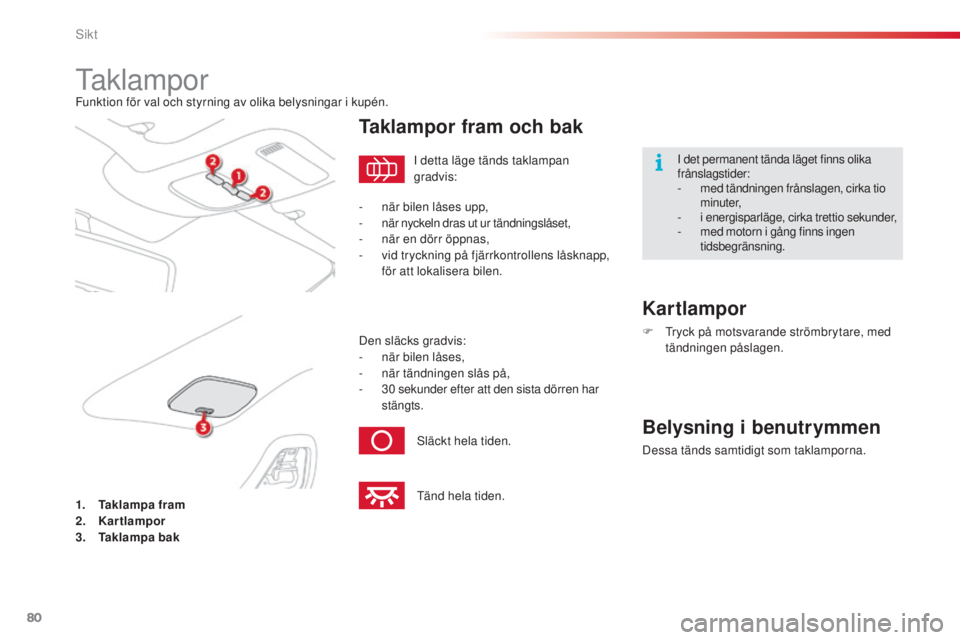 CITROEN C3 PICASSO 2015  InstruktionsbÖcker (in Swedish) 80
C3Picasso_sv_Chap05_visibilite_ed01-2014
taklamporFunktion för val och styrning av olika belysningar i kupén.
1.
 T
aklampa fram
2.
 Ka

rtlampor
3.
 T

aklampa bak
Taklampor fram och bak Kartlam