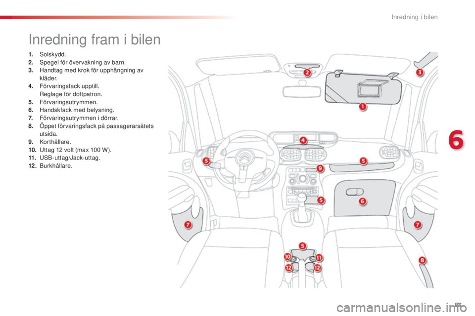 CITROEN C3 PICASSO 2015  InstruktionsbÖcker (in Swedish) 83
C3Picasso_sv_Chap06_amenagement_ed01-2014
Inredning fram i bilen
1. solskydd.
2.  sp egel för övervakning av barn.
3.
 H

andtag med krok för upphängning av 
k l ä d e r.
4.
 F

örvaringsfack