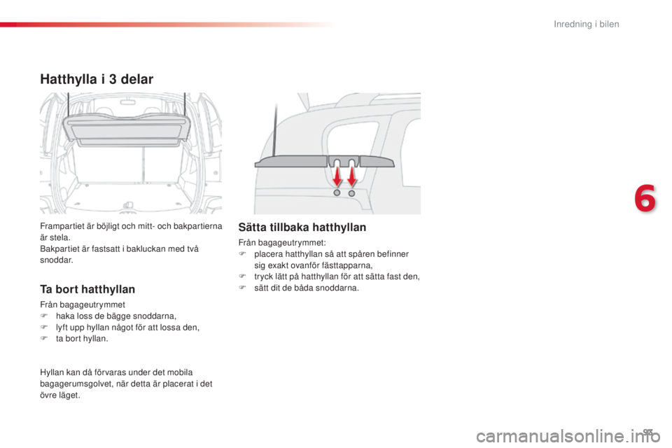 CITROEN C3 PICASSO 2015 InstruktionsbÖcker (in Swedish) 93
C3Picasso_sv_Chap06_amenagement_ed01-2014
Hatthylla i 3 delar
Frampartiet är böjligt och mitt- och bakpartierna
är stela.
ba
kpartiet är fastsatt i bakluckan med två
snoddar.
Ta bort hatthyl CITROEN C3 PICASSO 2015 InstruktionsbÖcker (in Swedish) 93
C3Picasso_sv_Chap06_amenagement_ed01-2014
Hatthylla i 3 delar
Frampartiet är böjligt och mitt- och bakpartierna
är stela.
ba
kpartiet är fastsatt i bakluckan med två
snoddar.
Ta bort hatthyl