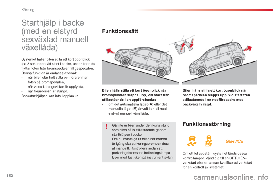 CITROEN C3 PICASSO 2014  InstruktionsbÖcker (in Swedish) Körning
132
   
 
 
 
 
Starthjälp i backe 
(med en elstyrd 
sexväxlad manuell 
växellåda) 
Systemet håller bilen stilla ett kort ögonblick(ca 2 sekunder) vid star t i backe, under tiden du 
fl