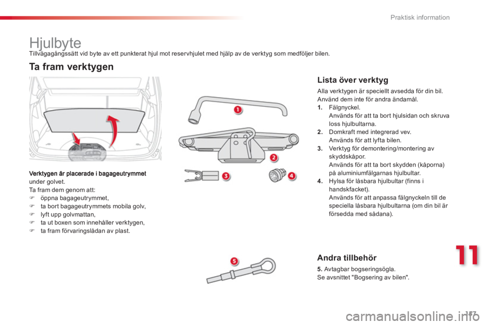 CITROEN C3 PICASSO 2014  InstruktionsbÖcker (in Swedish) 11
Praktisk information
157
   
 
 
 
 
 
 
 
 
 
 
 
 
 
Hjulbyte 
under golvet.
  Ta fram dem genom att: �)öppna bagageutrymmet,�)ta bort bagageutrymmets mobila golv,�)lyft upp golvmattan,�)ta ut b