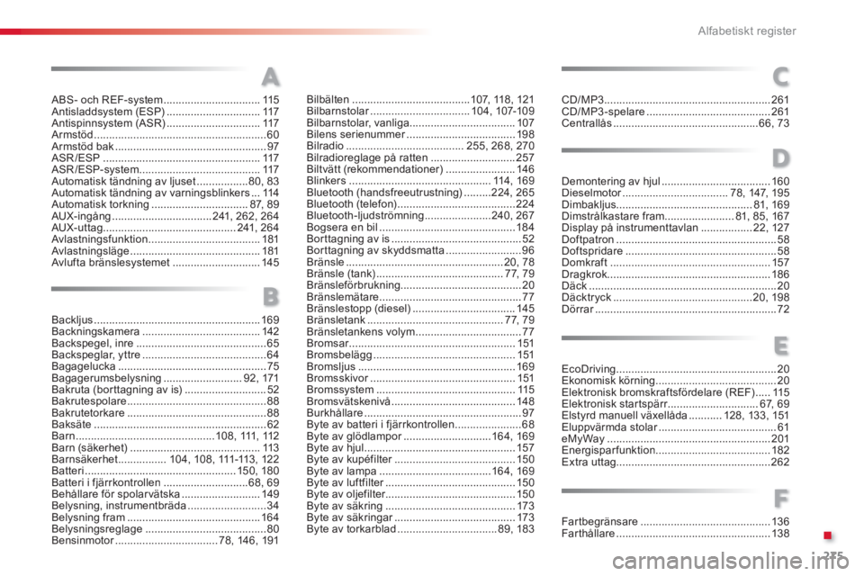 CITROEN C3 PICASSO 2014  InstruktionsbÖcker (in Swedish) .
275 Alfabetiskt register
ABS- och REF-system ................................115Antisladdsystem (ESP)...............................117Antispinnsystem (ASR)............................... 117Armstö