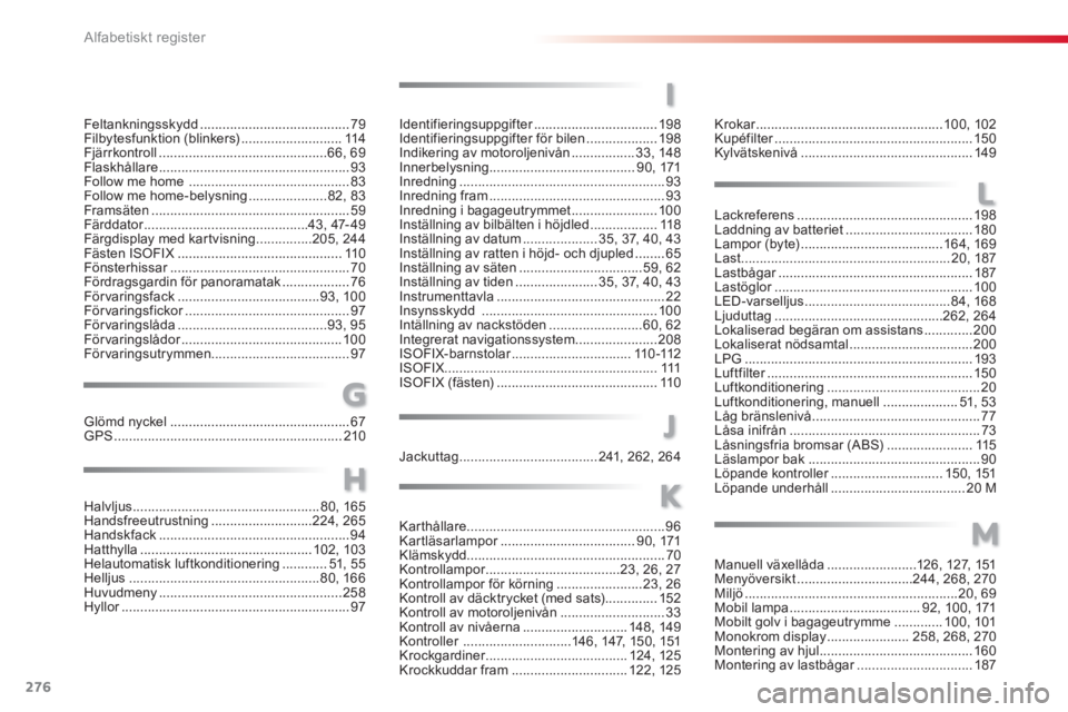 CITROEN C3 PICASSO 2014  InstruktionsbÖcker (in Swedish) 276Alfabetiskt register
Identifieringsuppgifter.................................r198Identifieringsuppgifter för bilen ...................198Indikering av motoroljenivån .................33, 148Inner