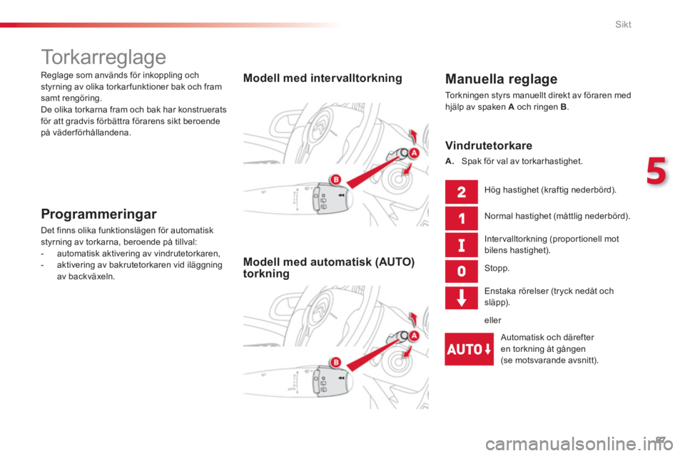 CITROEN C3 PICASSO 2014  InstruktionsbÖcker (in Swedish) 5
Sikt
87
   
 
 
 
 
 
 
 
To r k a r r e g l a g e  
 
 Manuella reglage
 
To r k n i ngen styrs manuellt direkt av föraren med hjälp av spaken A 
 och ringen  B.
 
 
 
Modell med intervalltorknin