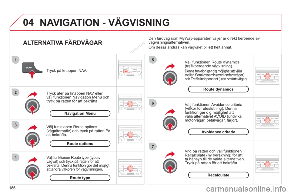 CITROEN C3 PICASSO 2012 InstruktionsbÖcker (in Swedish) 186
04
4
3
2
1
7
6
5
NAVIGATION - VÄGVISNING
ALTERNATIVA FÄRDVÄGAR
Välj funktionen Route dynamics(trafi kberoende v‰gvisning).
Denna funktion ger dig mˆjlighet att v‰ljamellan Semi CITROEN C3 PICASSO 2012 InstruktionsbÖcker (in Swedish) 186
04
4
3
2
1
7
6
5
NAVIGATION - VÄGVISNING
ALTERNATIVA FÄRDVÄGAR
Välj funktionen Route dynamics(trafi kberoende v‰gvisning).
Denna funktion ger dig mˆjlighet att v‰ljamellan Semi