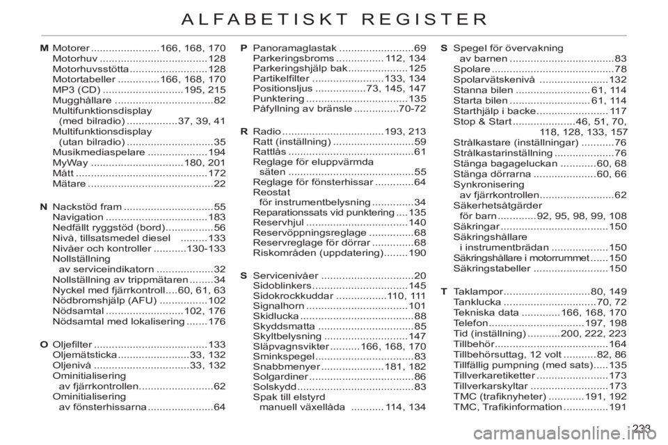 CITROEN C3 PICASSO 2012  InstruktionsbÖcker (in Swedish) 233
ALFABETISKT REGISTER
P Panoramaglastak .........................69
 Parkeringsbroms ................ 112, 134
 Parkeringshjälp bak ....................125
 Partikelﬁ lter ......................