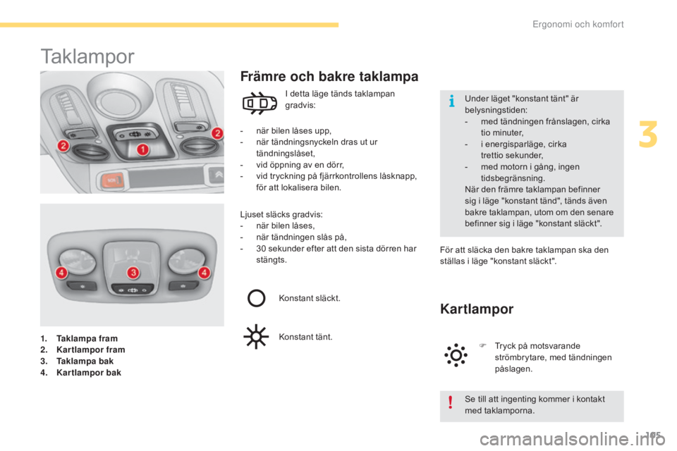 CITROEN C4 2017 InstruktionsbÖcker (in Swedish) 105
C4-2_sv_Chap03_ergonomie-et-confort_ed02-2015
1. Taklampa fram
2. Kartlampor fram
3.
T
aklampa bak
4.
K
artlampor bak
Taklampor
- när bilen låses upp,
- n är tändningsnyckeln dras ut ur
t CITROEN C4 2017 InstruktionsbÖcker (in Swedish) 105
C4-2_sv_Chap03_ergonomie-et-confort_ed02-2015
1. Taklampa fram
2. Kartlampor fram
3.
T
aklampa bak
4.
K
artlampor bak
Taklampor
- när bilen låses upp,
- n är tändningsnyckeln dras ut ur
t