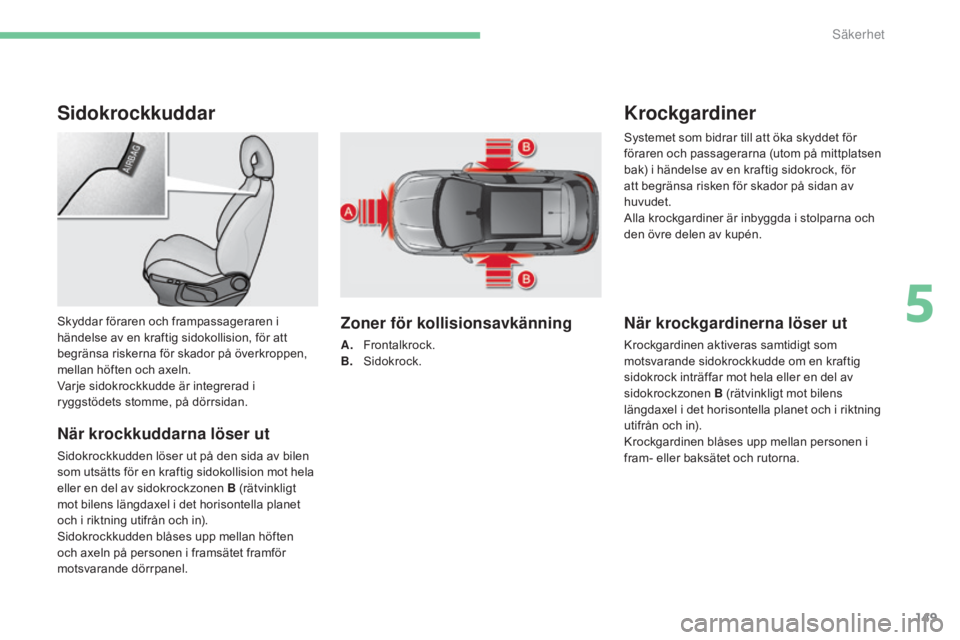 CITROEN C4 2017  InstruktionsbÖcker (in Swedish) 149
C4-2_sv_Chap05_securite_ed02-2015
Sidokrockkuddar
När krockkuddarna löser ut
Sidokrockkudden löser ut på den sida av bilen 
som utsätts för en kraftig sidokollision mot hela 
eller en del av