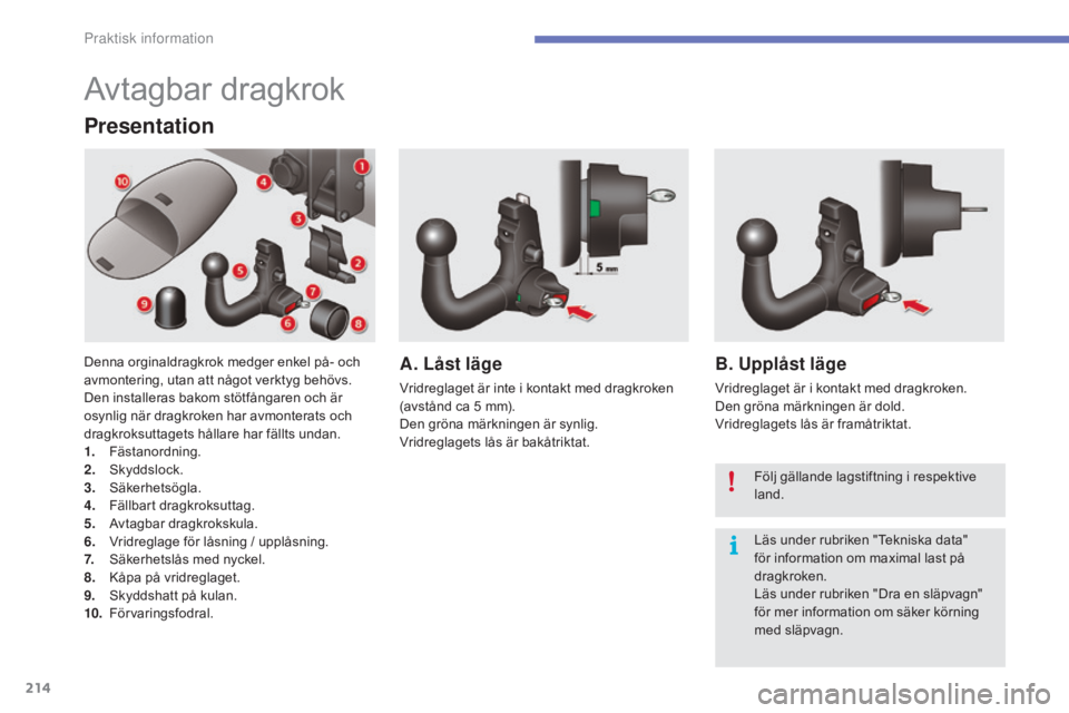 CITROEN C4 2017 InstruktionsbÖcker (in Swedish) 214
C4-2_sv_Chap07_infos-pratiques_ed02-2015
Avtagbar dragkrok
Presentation
Denna orginaldragkrok medger enkel på- och
avmontering, utan att något verktyg behövs.
Den installeras bakom stötfång CITROEN C4 2017 InstruktionsbÖcker (in Swedish) 214
C4-2_sv_Chap07_infos-pratiques_ed02-2015
Avtagbar dragkrok
Presentation
Denna orginaldragkrok medger enkel på- och
avmontering, utan att något verktyg behövs.
Den installeras bakom stötfång