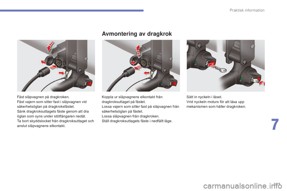 CITROEN C4 2017 InstruktionsbÖcker (in Swedish) 217
C4-2_sv_Chap07_infos-pratiques_ed02-2015
Fäst släpvagnen på dragkroken.
Fäst vajern som sitter fast i släpvagnen vid
säkerhetsöglan på dragkroksfästet.
Sänk dragkroksuttagets fäste gen CITROEN C4 2017 InstruktionsbÖcker (in Swedish) 217
C4-2_sv_Chap07_infos-pratiques_ed02-2015
Fäst släpvagnen på dragkroken.
Fäst vajern som sitter fast i släpvagnen vid
säkerhetsöglan på dragkroksfästet.
Sänk dragkroksuttagets fäste gen