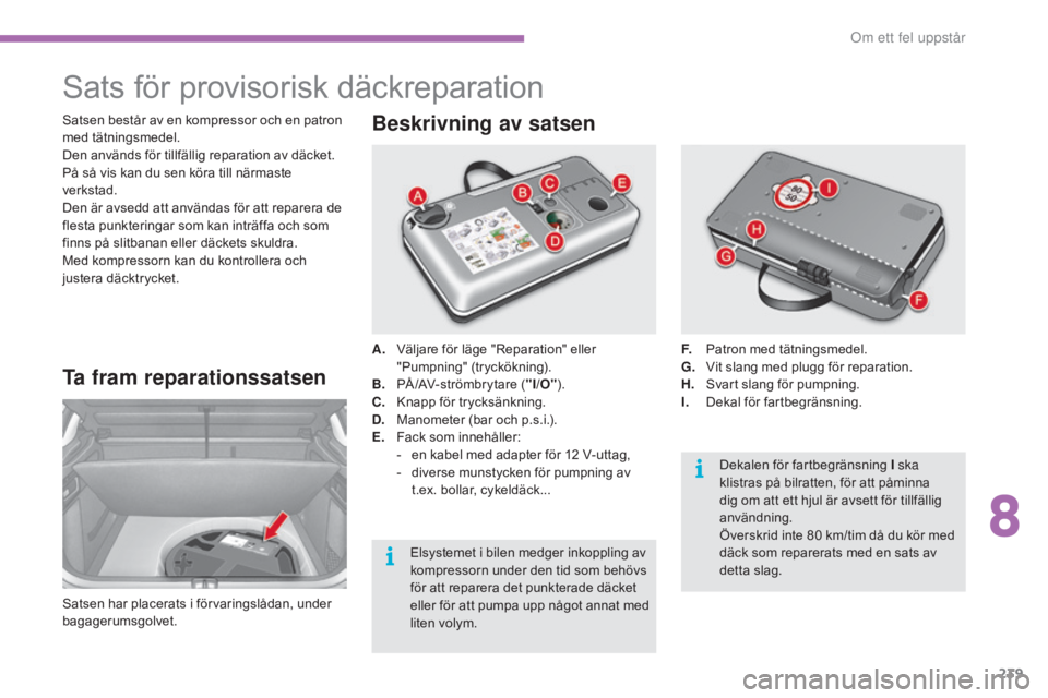 CITROEN C4 2017 InstruktionsbÖcker (in Swedish) 239
C4-2_sv_Chap08_en-cas-de-panne_ed02-2015
Sats för provisorisk däckreparation
Ta fram reparationssatsen
Satsen har placerats i förvaringslådan, under
bagagerumsgolvet.A.
V
äljare för läge CITROEN C4 2017 InstruktionsbÖcker (in Swedish) 239
C4-2_sv_Chap08_en-cas-de-panne_ed02-2015
Sats för provisorisk däckreparation
Ta fram reparationssatsen
Satsen har placerats i förvaringslådan, under
bagagerumsgolvet.A.
V
äljare för läge