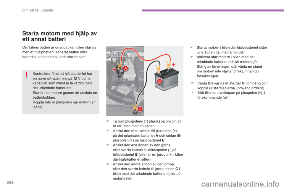 CITROEN C4 2017 InstruktionsbÖcker (in Swedish) 266
C4-2_sv_Chap08_en-cas-de-panne_ed02-2015
Om bilens batteri är urladdat kan bilen startas
med ett hjälpbatteri (separat batteri eller
batteriet i en annan bil) och startkablar.
Starta motorn me CITROEN C4 2017 InstruktionsbÖcker (in Swedish) 266
C4-2_sv_Chap08_en-cas-de-panne_ed02-2015
Om bilens batteri är urladdat kan bilen startas
med ett hjälpbatteri (separat batteri eller
batteriet i en annan bil) och startkablar.
Starta motorn me