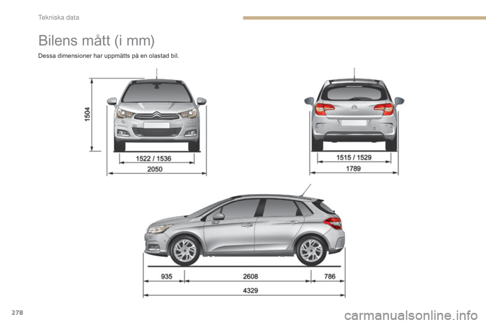 CITROEN C4 2017 InstruktionsbÖcker (in Swedish) 278
C4-2_sv_Chap09_caracteristiques_ed02-2015
Bilens mått (i mm)
Dessa dimensioner har uppmätts på en olastad bil.
T CITROEN C4 2017 InstruktionsbÖcker (in Swedish) 278
C4-2_sv_Chap09_caracteristiques_ed02-2015
Bilens mått (i mm)
Dessa dimensioner har uppmätts på en olastad bil.
T