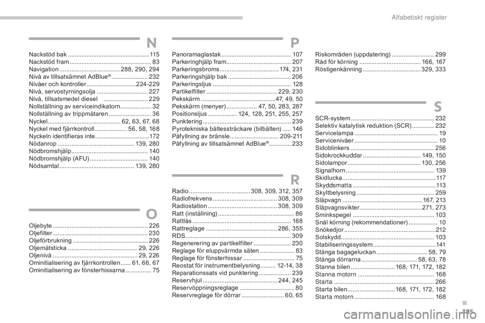 CITROEN C4 2017  InstruktionsbÖcker (in Swedish) 385
C4-2_sv_Chap11_index-alpha_ed02-2015
Nackstöd bak ................................................115
Nackstöd fram  ................................................ 83
N
avigation
 ............