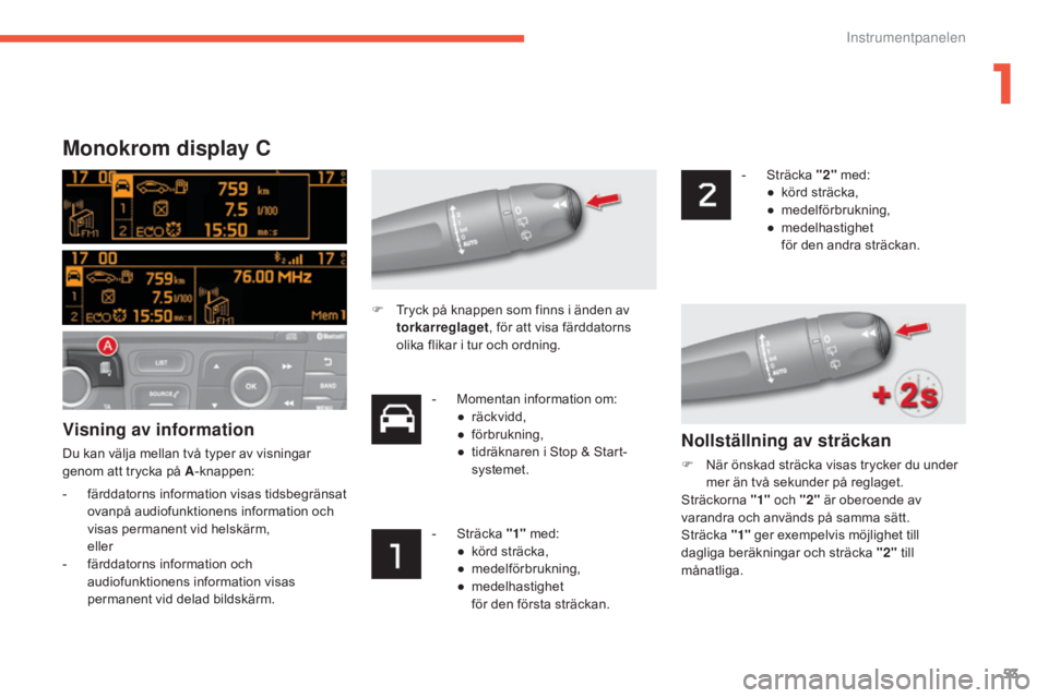 CITROEN C4 2017 InstruktionsbÖcker (in Swedish) 53
C4-2_sv_Chap01_instruments-de-bord_ed02-2015
Monokrom display C
Visning av information
Du kan välja mellan två typer av visningar
genom att trycka på A-knappen:
-
f
ärddatorns information vi CITROEN C4 2017 InstruktionsbÖcker (in Swedish) 53
C4-2_sv_Chap01_instruments-de-bord_ed02-2015
Monokrom display C
Visning av information
Du kan välja mellan två typer av visningar
genom att trycka på A-knappen:
-
f
ärddatorns information vi