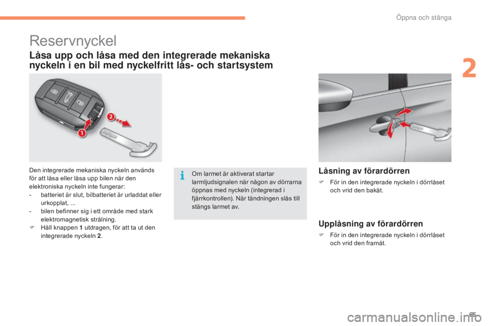 CITROEN C4 2017 InstruktionsbÖcker (in Swedish) 65
C4-2_sv_Chap02_ouvertures_ed02-2015
Reservnyckel
Den integrerade mekaniska nyckeln används
för att låsa eller låsa upp bilen när den
elektroniska nyckeln inte fungerar:
-
b
atteriet är sl CITROEN C4 2017 InstruktionsbÖcker (in Swedish) 65
C4-2_sv_Chap02_ouvertures_ed02-2015
Reservnyckel
Den integrerade mekaniska nyckeln används
för att låsa eller låsa upp bilen när den
elektroniska nyckeln inte fungerar:
-
b
atteriet är sl