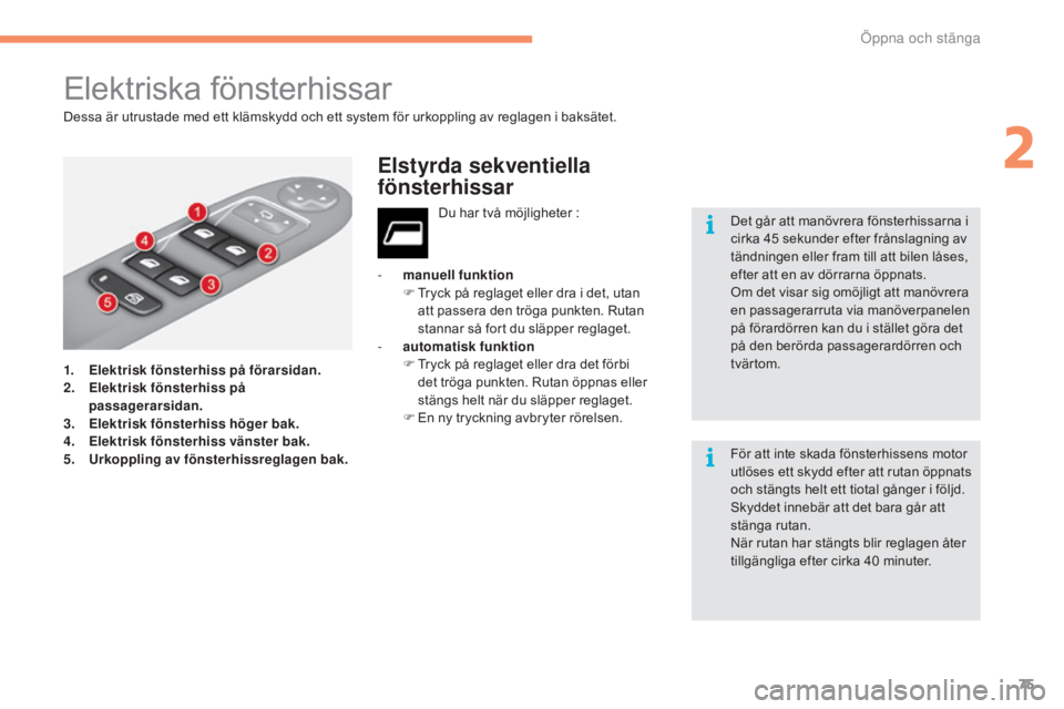 CITROEN C4 2017 InstruktionsbÖcker (in Swedish) 75
C4-2_sv_Chap02_ouvertures_ed02-2015
Elektriska fönsterhissar
1. Elektrisk fönsterhiss på förarsidan.
2. Elektrisk fönsterhiss på
passagerarsidan.
3.
E
lektrisk fönsterhiss höger bak.
4.
CITROEN C4 2017 InstruktionsbÖcker (in Swedish) 75
C4-2_sv_Chap02_ouvertures_ed02-2015
Elektriska fönsterhissar
1. Elektrisk fönsterhiss på förarsidan.
2. Elektrisk fönsterhiss på
passagerarsidan.
3.
E
lektrisk fönsterhiss höger bak.
4.
