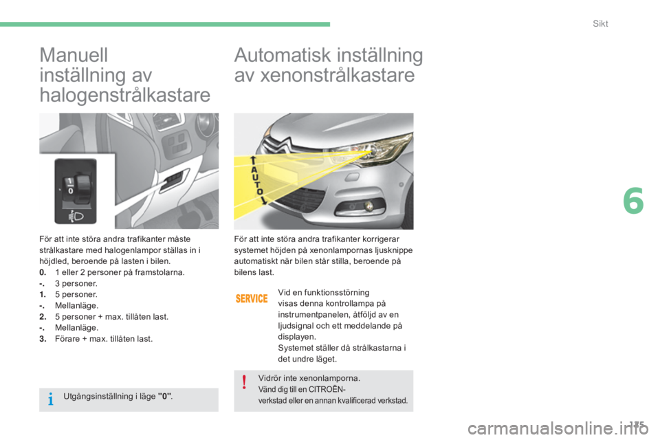 CITROEN C4 2015 InstruktionsbÖcker (in Swedish) 125
C4-2_sv_Chap06_visibilite_ed01-2015
C4-2_sv_Chap06_visibilite_ed01-2015
För att inte störa andra trafikanter måste
strålkastare med halogenlampor ställas in i
höjdled, beroende på lasten CITROEN C4 2015 InstruktionsbÖcker (in Swedish) 125
C4-2_sv_Chap06_visibilite_ed01-2015
C4-2_sv_Chap06_visibilite_ed01-2015
För att inte störa andra trafikanter måste
strålkastare med halogenlampor ställas in i
höjdled, beroende på lasten