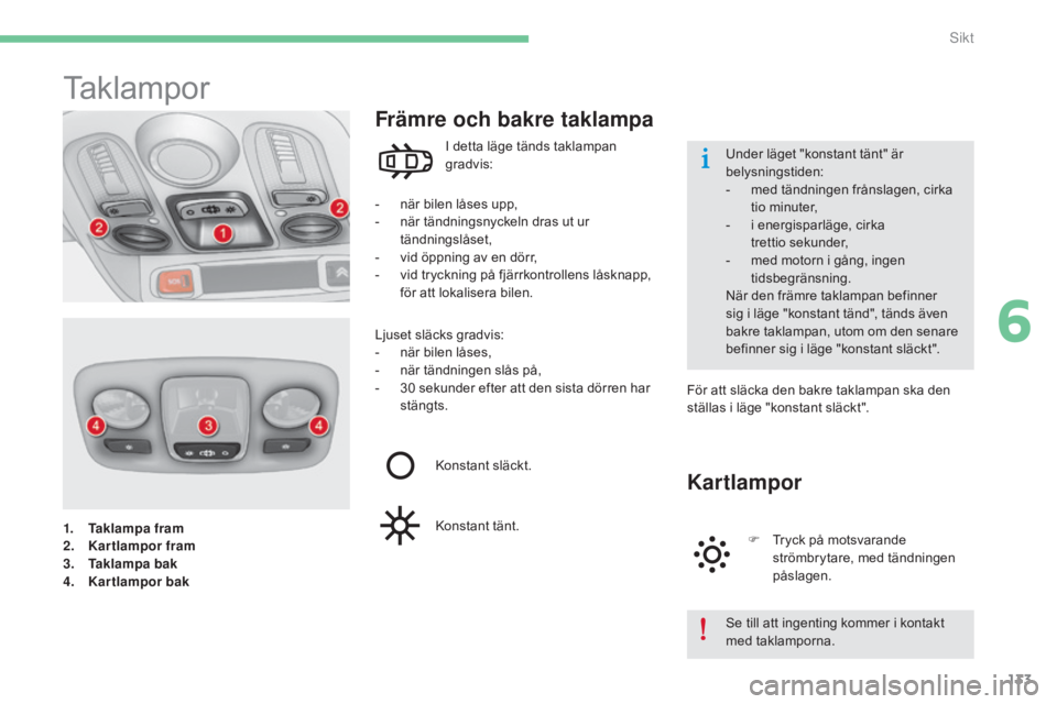 CITROEN C4 2015 InstruktionsbÖcker (in Swedish) 133
C4-2_sv_Chap06_visibilite_ed01-2015
C4-2_sv_Chap06_visibilite_ed01-2015
1. Taklampa fram
2. Kartlampor fram
3.
T
aklampa bak
4.
K
artlampor bak
Taklampor
- när bilen låses upp,
- n är tänd CITROEN C4 2015 InstruktionsbÖcker (in Swedish) 133
C4-2_sv_Chap06_visibilite_ed01-2015
C4-2_sv_Chap06_visibilite_ed01-2015
1. Taklampa fram
2. Kartlampor fram
3.
T
aklampa bak
4.
K
artlampor bak
Taklampor
- när bilen låses upp,
- n är tänd