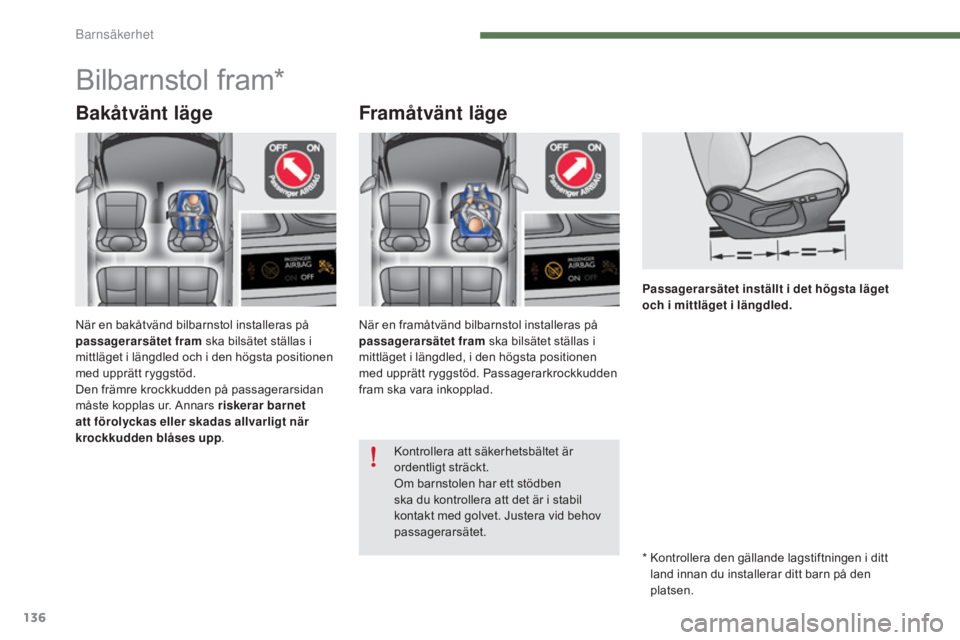 CITROEN C4 2015 InstruktionsbÖcker (in Swedish) 136
C4-2_sv_Chap07_securite-enfants_ed01-2015
C4-2_sv_Chap07_securite-enfants_ed01-2015
Passagerarsätet inställt i det högsta läget
och i mittläget i längdled.
Bilbarnstol fram*
Bakåtvänt lä CITROEN C4 2015 InstruktionsbÖcker (in Swedish) 136
C4-2_sv_Chap07_securite-enfants_ed01-2015
C4-2_sv_Chap07_securite-enfants_ed01-2015
Passagerarsätet inställt i det högsta läget
och i mittläget i längdled.
Bilbarnstol fram*
Bakåtvänt lä