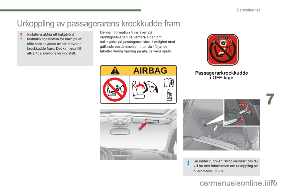 CITROEN C4 2015 InstruktionsbÖcker (in Swedish) 137
C4-2_sv_Chap07_securite-enfants_ed01-2015
C4-2_sv_Chap07_securite-enfants_ed01-2015
Passagerarkrockkudde i OFF- läge
Urkoppling av passagerarens krockkudde fram
Denna information finns även på CITROEN C4 2015 InstruktionsbÖcker (in Swedish) 137
C4-2_sv_Chap07_securite-enfants_ed01-2015
C4-2_sv_Chap07_securite-enfants_ed01-2015
Passagerarkrockkudde i OFF- läge
Urkoppling av passagerarens krockkudde fram
Denna information finns även på