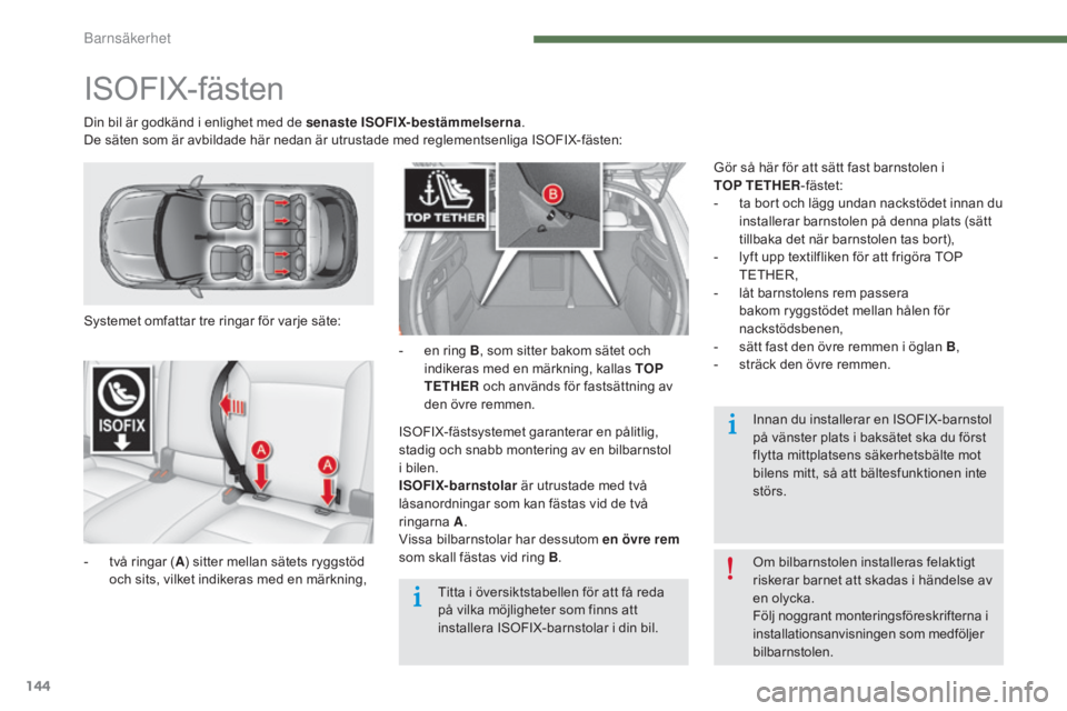 CITROEN C4 2015 InstruktionsbÖcker (in Swedish) 144
C4-2_sv_Chap07_securite-enfants_ed01-2015
C4-2_sv_Chap07_securite-enfants_ed01-2015
ISOFIX-fästen
Systemet omfattar tre ringar för varje säte:
-
t
vå ringar ( A) sitter mellan sätets ryggst CITROEN C4 2015 InstruktionsbÖcker (in Swedish) 144
C4-2_sv_Chap07_securite-enfants_ed01-2015
C4-2_sv_Chap07_securite-enfants_ed01-2015
ISOFIX-fästen
Systemet omfattar tre ringar för varje säte:
-
t
vå ringar ( A) sitter mellan sätets ryggst