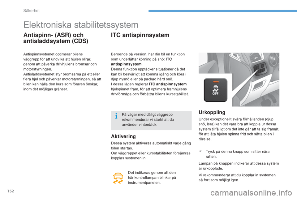 CITROEN C4 2015 InstruktionsbÖcker (in Swedish) 152
C4-2_sv_Chap08_securite_ed01-2015
C4-2_sv_Chap08_securite_ed01-2015
Elektroniska stabilitetssystem
Antispinn- (ASR) och
antisladdsystem (CDS)
Antispinnsystemet optimerar bilens
väggrepp för at CITROEN C4 2015 InstruktionsbÖcker (in Swedish) 152
C4-2_sv_Chap08_securite_ed01-2015
C4-2_sv_Chap08_securite_ed01-2015
Elektroniska stabilitetssystem
Antispinn- (ASR) och
antisladdsystem (CDS)
Antispinnsystemet optimerar bilens
väggrepp för at