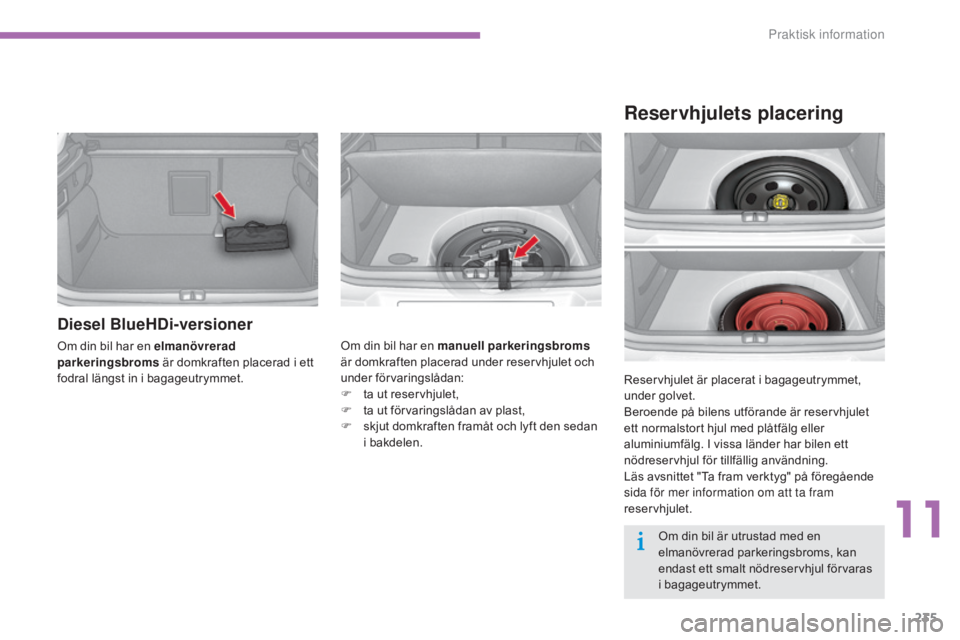 CITROEN C4 2015  InstruktionsbÖcker (in Swedish) 235
C4-2_sv_Chap11_info-pratique_ed01-2015
C4-2_sv_Chap11_info-pratique_ed01-2015
Diesel BlueHDi-versioner
Om din bil har en elmanövrerad 
parkeringsbroms är domkraften placerad i ett 
fodral längs