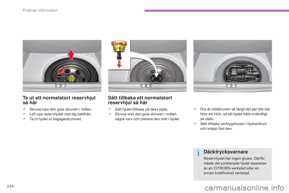CITROEN C4 2015  InstruktionsbÖcker (in Swedish) 236
C4-2_sv_Chap11_info-pratique_ed01-2015
C4-2_sv_Chap11_info-pratique_ed01-2015
Ta ut ett normalstort reservhjul 
så här
F Skruva loss den gula skruven i mitten.
F L yft upp reservhjulet mot dig b