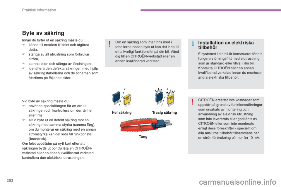 CITROEN C4 2015 InstruktionsbÖcker (in Swedish) 252
C4-2_sv_Chap11_info-pratique_ed01-2015
C4-2_sv_Chap11_info-pratique_ed01-2015
Byte av säkring
Hel säkringTrasig säkring
Vid byte av säkring måste du:
F
a
nvända specialtången för att dr CITROEN C4 2015 InstruktionsbÖcker (in Swedish) 252
C4-2_sv_Chap11_info-pratique_ed01-2015
C4-2_sv_Chap11_info-pratique_ed01-2015
Byte av säkring
Hel säkringTrasig säkring
Vid byte av säkring måste du:
F
a
nvända specialtången för att dr