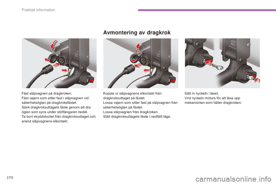 CITROEN C4 2015  InstruktionsbÖcker (in Swedish) 270
C4-2_sv_Chap11_info-pratique_ed01-2015
C4-2_sv_Chap11_info-pratique_ed01-2015
Fäst släpvagnen på dragkroken.
Fäst vajern som sitter fast i släpvagnen vid 
säkerhetsöglan på dragkroksfäste