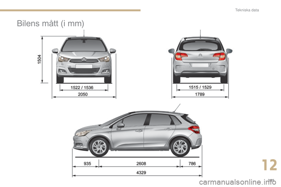 CITROEN C4 2015 InstruktionsbÖcker (in Swedish) 285
C4-2_sv_Chap12_caracteristique_ed01-2015
C4-2_sv_Chap12_caracteristique_ed01-2015
Bilens mått (i mm)
12
T CITROEN C4 2015 InstruktionsbÖcker (in Swedish) 285
C4-2_sv_Chap12_caracteristique_ed01-2015
C4-2_sv_Chap12_caracteristique_ed01-2015
Bilens mått (i mm)
12
T
