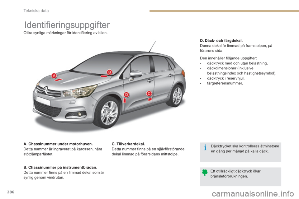 CITROEN C4 2015 InstruktionsbÖcker (in Swedish) 286
C4-2_sv_Chap12_caracteristique_ed01-2015
C4-2_sv_Chap12_caracteristique_ed01-2015
Identifieringsuppgifter
A. Chassinummer under motorhuven.
Detta nummer är ingraverat på karossen, nära
stötd CITROEN C4 2015 InstruktionsbÖcker (in Swedish) 286
C4-2_sv_Chap12_caracteristique_ed01-2015
C4-2_sv_Chap12_caracteristique_ed01-2015
Identifieringsuppgifter
A. Chassinummer under motorhuven.
Detta nummer är ingraverat på karossen, nära
stötd
